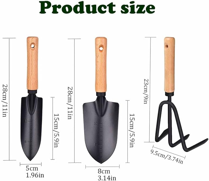 3 Pieces Garden Tools Set-Garden Rake Trowel, Gardening Tools with Wood Handle,Iron Crafts Gardening Work Kit with Solid Wood Ergonomic Handle Tools Succulent Gift Set Outdoor Gardening Tools(Black)