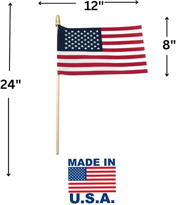 American Flags on Stick - Handheld Spearhead US Flag for 4th of July, Memorial Day Event Decorations - Patriotic Decor for Indoors & Yard - Wooden Stick, Cotton Fabric - (8"X12"-144 Pack)