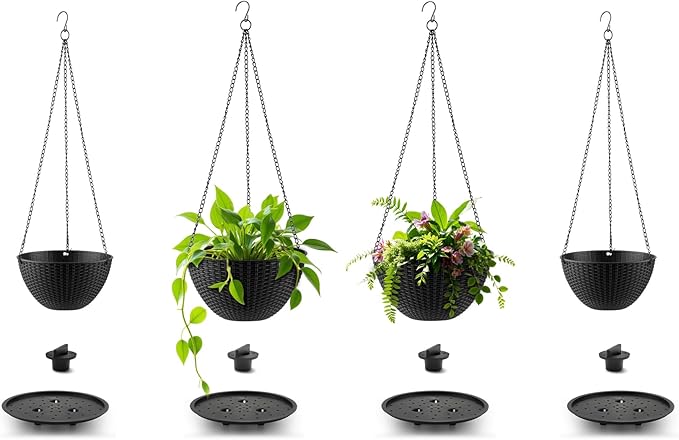Hanging Planters for Indoor Outdoor Plants 8/10 Inch, 4 Packs Plant Hanger with Drainage Holes, Hanging Basket Flower Pot Perfect for Home, Office and Garden, Black