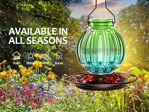 Glass Hummingbird Feeder for Outdoors Hanging, Bird Nectar Feeder with Perch & 5 Flower Feeding Ports, 26 Oz Leak Proof for Outside Garden Decor Backyard, Gifts for Women Mom, Green & Blue