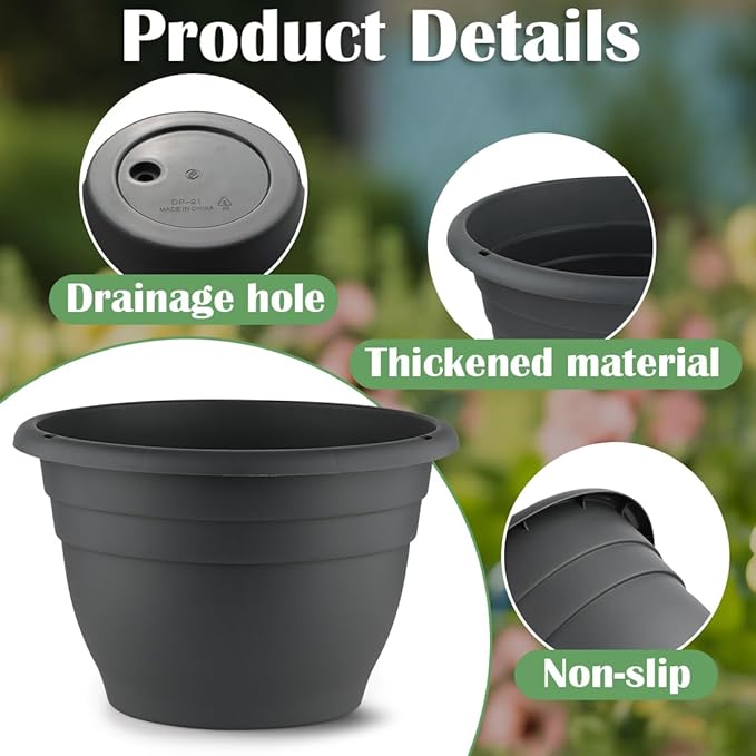 5-Pack 10 Inch Plastic Plant Pots - Indoor/Outdoor Flower Planters Pots with Drainage Hole & Plug, Durable Garden Pots for Plants, Planter Pots for Indoor Plants, Succulents, and Herbs