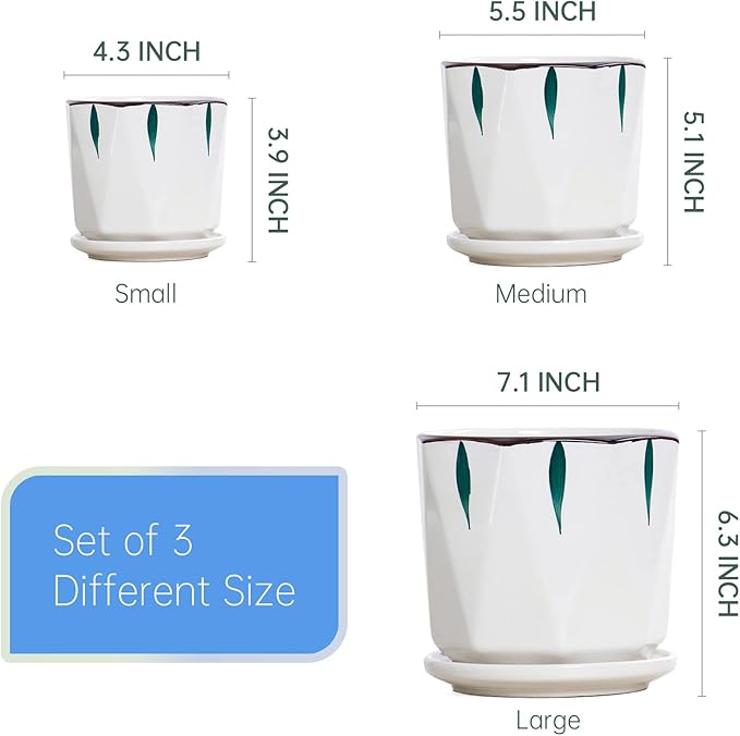 7 5 4 inch Plant Pots for Indoor, Hand Painting Ceramic Flower Planter Outdoor Set of 3 with Drainage and Saucer, Succulent Pots for Mom Family