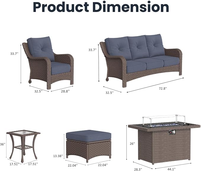 7 Pieces Outdoor Patio Furniture Sets with Single Chairs with 6-inch Thick Cushion and Fire Pit Table for Deck Lawn