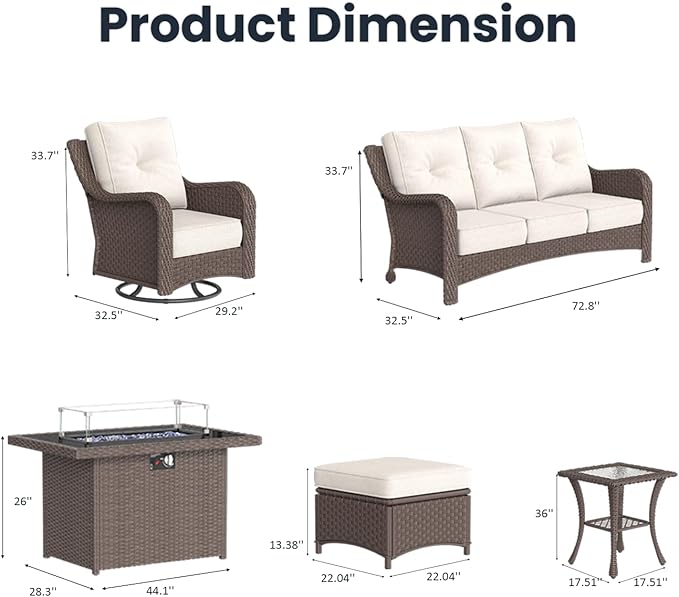 7 Pieces Outdoor Patio Furniture Sets with Rocking Swivel Chairs with 6-inch Thick Cushion and Fire Pit Table for Deck Lawn
