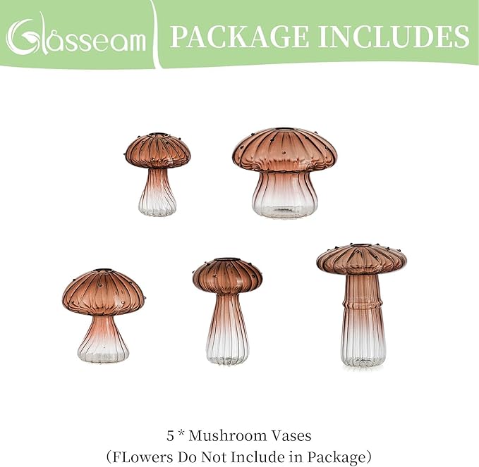 Glasseam Mushroom Plant Propagation Stations: Amber Glass Terrarium Jar Set of 5 Cute Planters for Indoor Plants Mini Propagate Station Unique Christmas Birthday Gifts for Women Home Office Decor