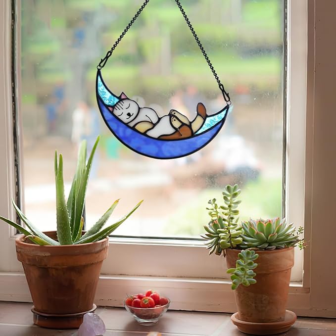 BOXCASA Sleeping Cat Stained Glass Windown Hanging,Cat on Moon Beautiful Handcrafted Sun Catcher Gifts for Daughter,Mothers Day,Christmas and Cat Lover