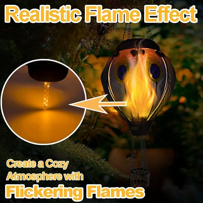 2PCS Solar Hot Air Balloon Lanterns with Flame with Shepherd's Hooks, Glass Hanging Flickering Lights Outdoor Waterproof for Garden Tree Yard Patio Mother's Day Gift, 18" H Peacock-Blue