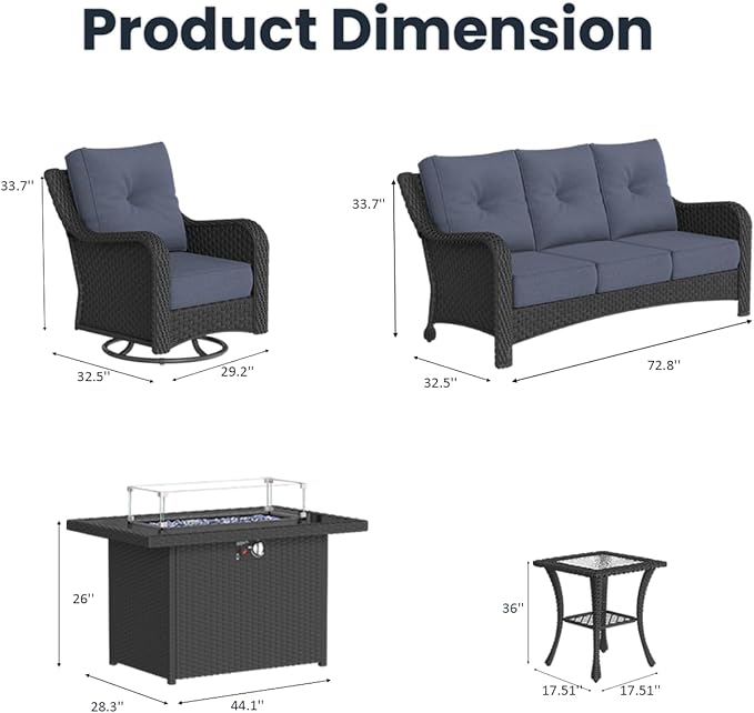 5 Pieces Outdoor Patio Furniture Sets with Rocking Swivel Chairs with 6-inch Thick Cushion and Fire Pit Table for Deck Lawn