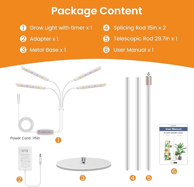 Grow Lights for Indoor Plants, 4-Head Full Specturm Plant Grow Light with 4/8/12/16H Timer, 3 Color Modes, 5 Brightness, 24-68.7in Height Adjustable Floor Growing Lamp for Tall Large Plants