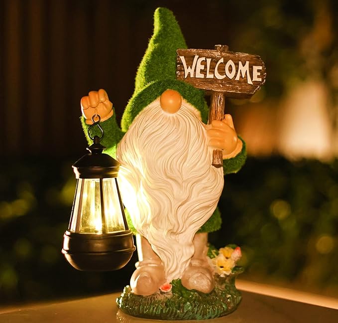 Garden Outdoor Statues, Solar Gnome Statues,Gnome Decorations with Solar Outdoor Lights for Garden Decor, Garden Sculptures & Statues for Front Porch Patio Lawn, Gifts for Mom, 13"", Green