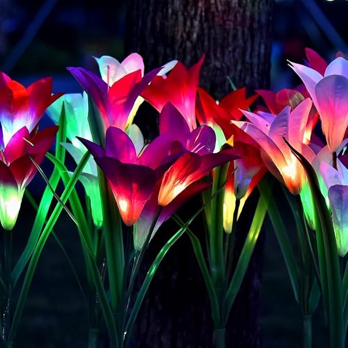 ANGMLN 6 Pack Solar Flowers Lights,24 Bigger Head Solar Lily Flowers, 7 Color Changing Pathway Lamps for Garden Patio Yard Party Wedding Holiday Outdoor Garden Stake Decoration (Purple2&White2&Pink2)