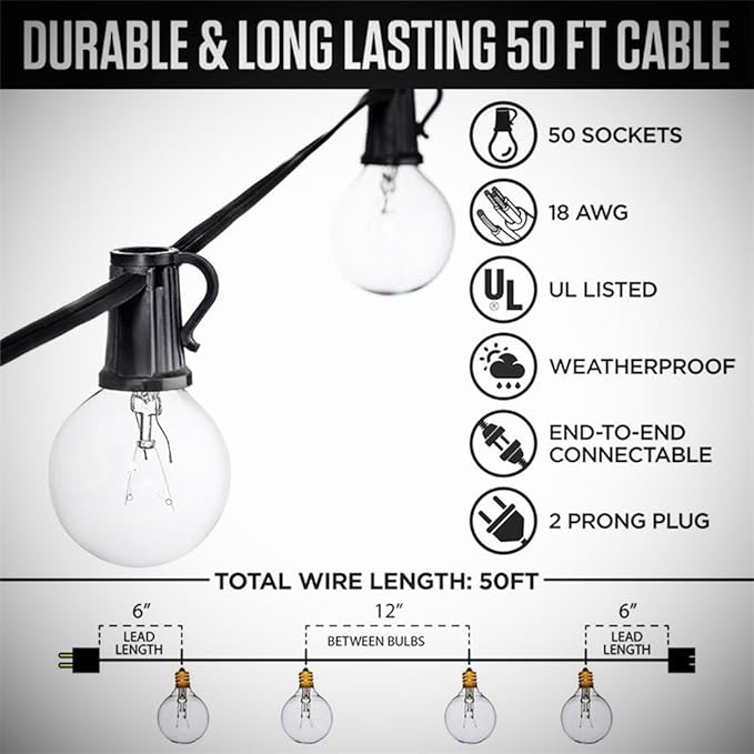 GOOTHY 50FT Outdoor Globe String Lights, G40 Patio Lights Outdoor Waterproof with 53 Clear Bulbs, Hanging Indoor Porch String Lights for Garden Bistro Party Outdoor Balcony Decorations- Black Cord