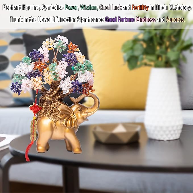 7 Chakra Crystal Money Tree on Gold Elephant Statue, 17”Large Gemstone Bonsai Tree of Life Home Décor Gifts for Wealth Positive Energy, Feng Shui Décor