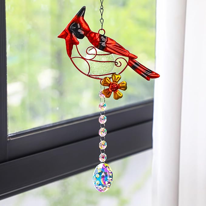 13inch Stained Metal Cardinal Birds Sun Catcher Decorative Window Hanging Ornament Crystals Prism Suncathers Red Bird for Home Garden Decor