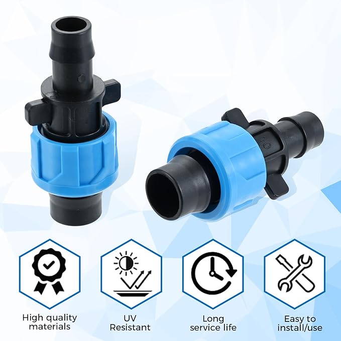 50 Pcs Drip Irrigation Connector, Drip Tape Fittings, Drip Tape Connector Tubing Coupling Barbed Locking Fitting Kit for 5/8" Drip Tape Sprinkler, 1/4" Barb Drip Irrigation Tools