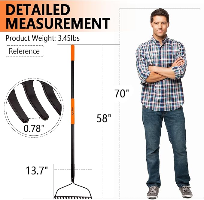 Garden Rake for Lawn Heavy Duty, 14 Tines Metal Rake with Thick Fiberglass Handle, 58 Inches