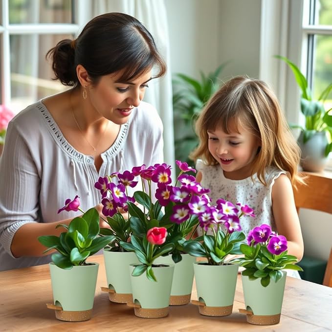 12 Pack 4 Inch Self Watering Plant Pots with Drainage and Saucers,Plastic Flower Pots for Indoor and Outdoor Plants, Nursery Planters for Houseplants and Herbs Green Brown, 4 inch 12pcs