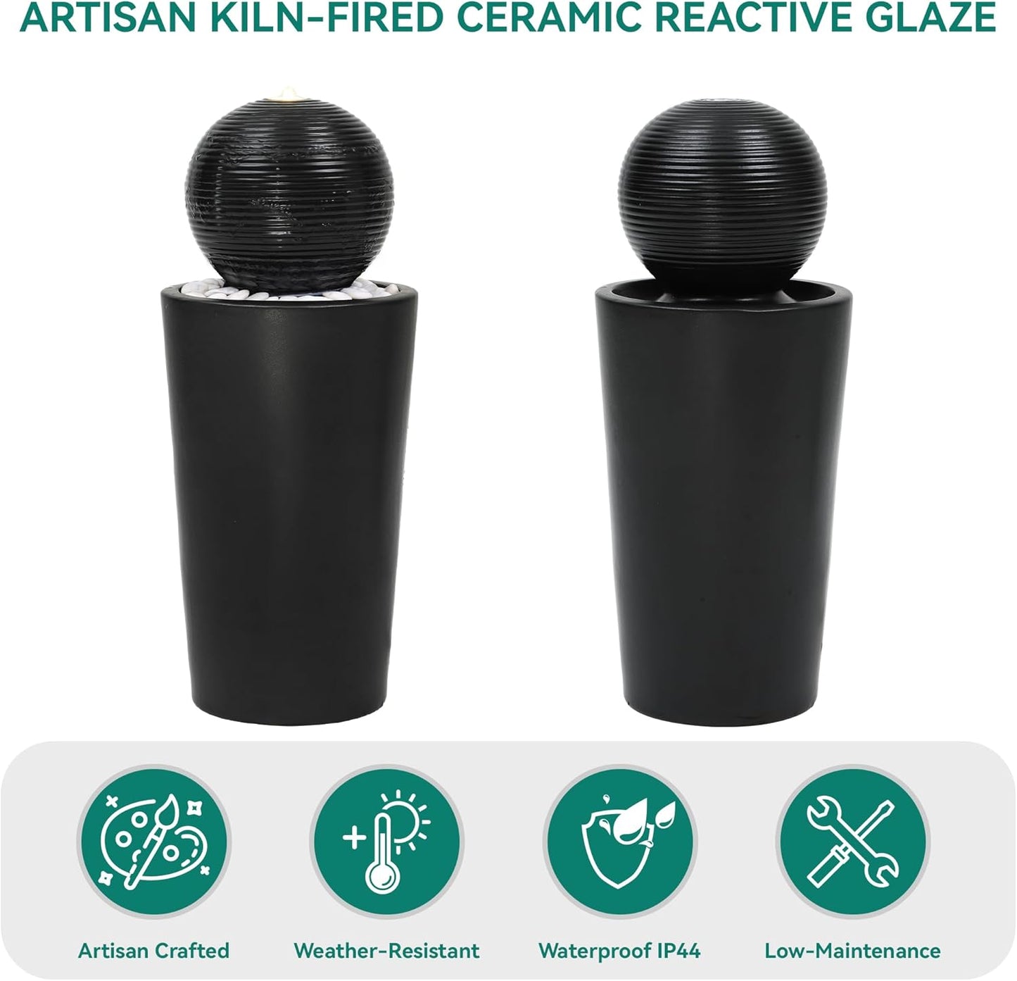 30" H Ceramic Sphere Water Fountain with LED Light, Modern Minimalist Design, Black Glaze with White Pebbles, Soothing Trickling Water Feature, Adding Artistic Charm & Tranquil Ambiance