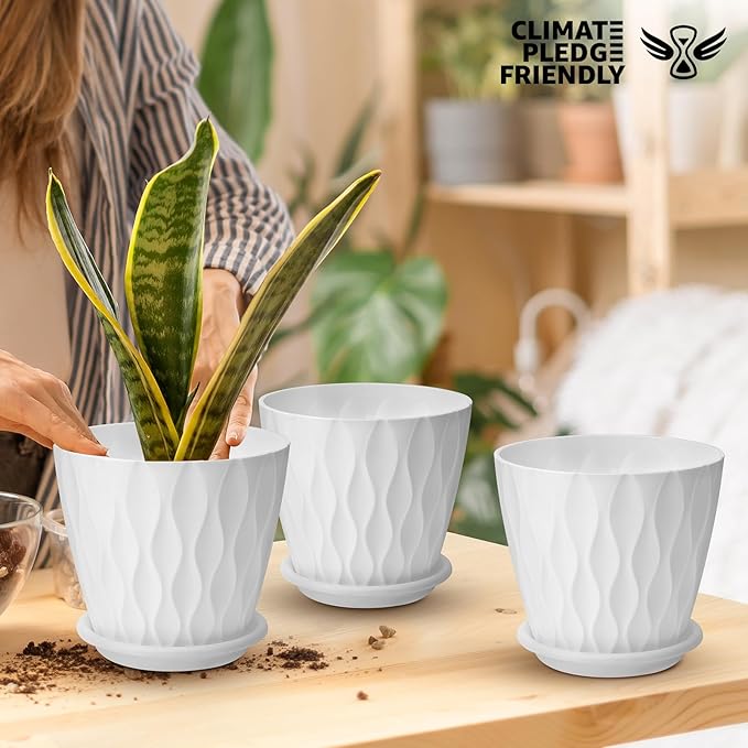 6 inch Plant Pots, 5 Pack Flower Pots Outdoor Indoor, Planters with Drainage Hole and Tray SaucerïŒWhite