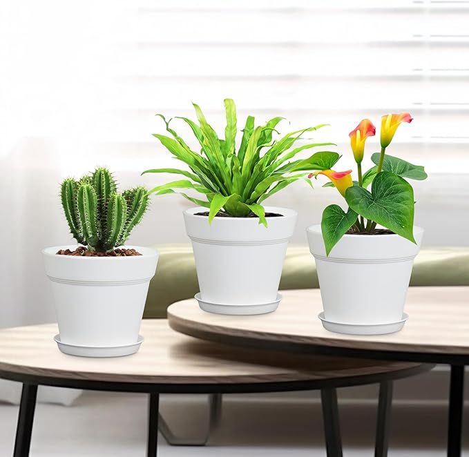 6 inch Small Plastic Nursery Pots, Seedling Pots, 16 Pack Plant Pots for Indoor Outdoor Plants, Flower Pots with Drainage Holes and Saucers, Decorative Planters for House Plants, White