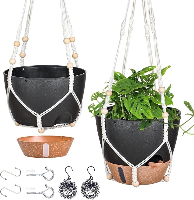 10 Inch Hanging Planters for Indoor Plants, 2 Pack Self Watering Hanging Baskets Flower Pots with Drainage Hole, Visual Reservoir & 2 Kinds of Plant Hanger for Outdoor Garden Home Decor(Black)