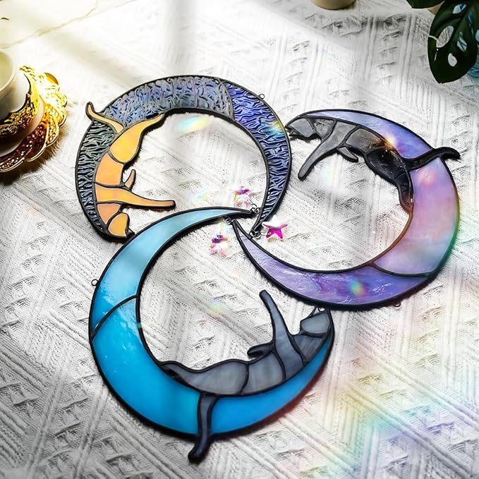 BOXCASA Colorful Crystals Star Cat Suncatchers for Window,Gray Cat Stained Glass Window Hanging,Funny Cat Moon Decor,Cat Gifts for Cat Lovers,Women Mom Grandma Aunt Friend
