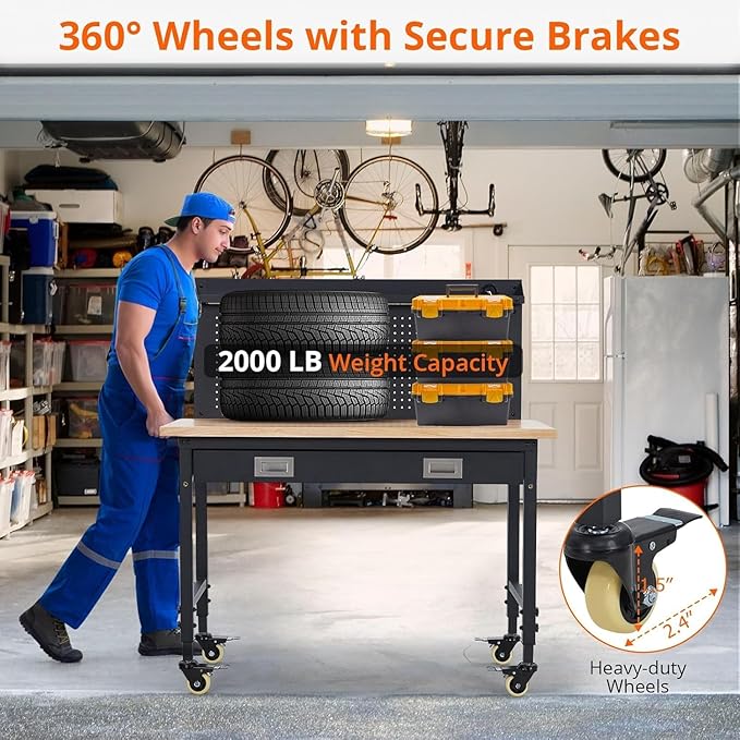 48'' Adjustable Workbench on Wheels, 2000LBS Heavy Duty Worktable with Power Outlets & Drawers & Pegboard, Rubberwood Workstation for Workshop, Garage, Office, Home