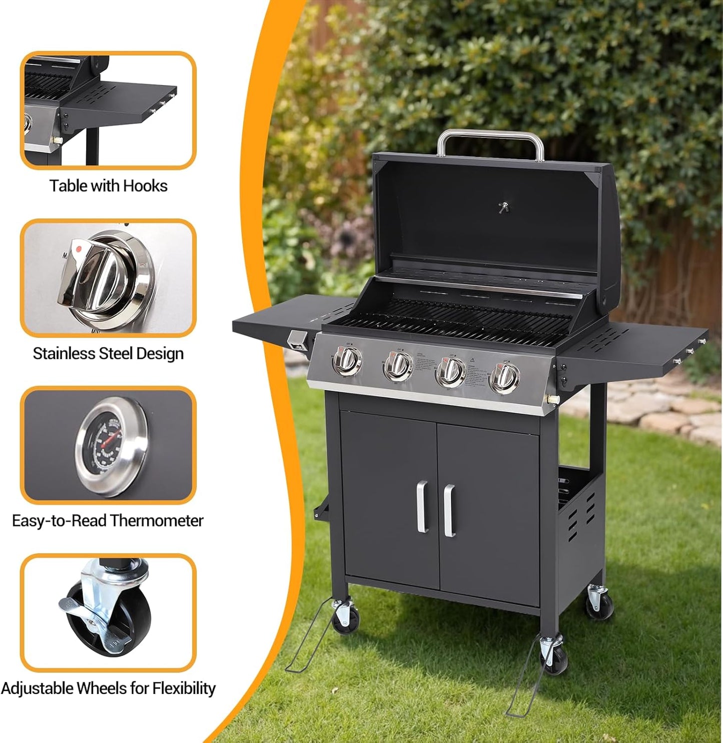 4 Burner Gas Grill with Side Burner, Stainless Steel Foldable Side Tables, 40,000 BTU, with Grease Tray, Easy Assembly for Patio, Backyard (Folding Version)
