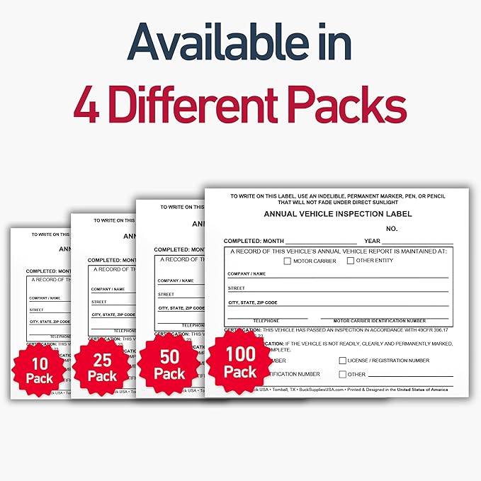 25 Pack Buck Annual Vehicle Inspection Label, 2-Ply Adhesive Vinyl with Mylar Laminate, FMCSA & DOT Compliant, Weatherproof, Tear Resistant, Easy to Write On, 5" x 4" - Made in USA