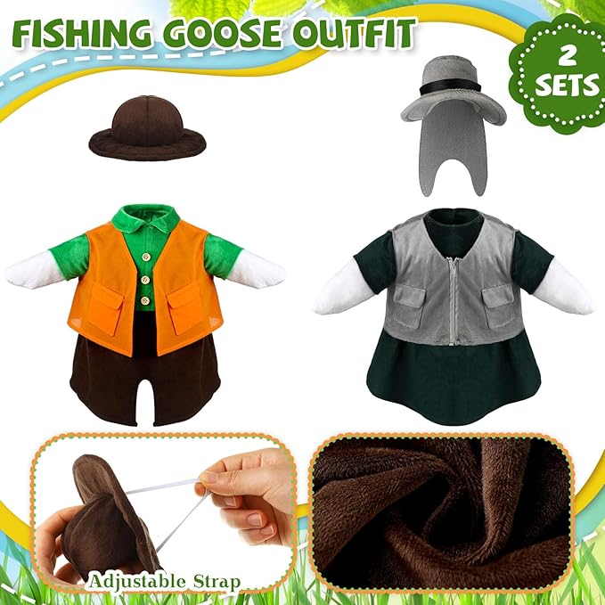 Frienda 2 Set Porch Goose Outfits Clothes 23 Inch Garden Raincoat Flag Bee Fishing Style Goose Costume for Lawn Patio Valentine's Day Decor