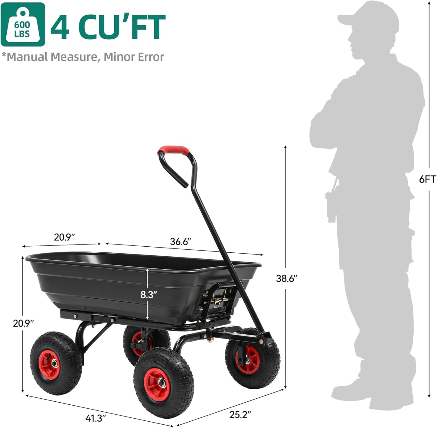 600lbs Garden Dump Cart, 4 Cu.Ft Heavy Duty Wagon Cart with 10" All Terrain Wheels, Steel Frame & Quick Release, Utility Wagon Carts for Yard, Farm and Garden(Black)