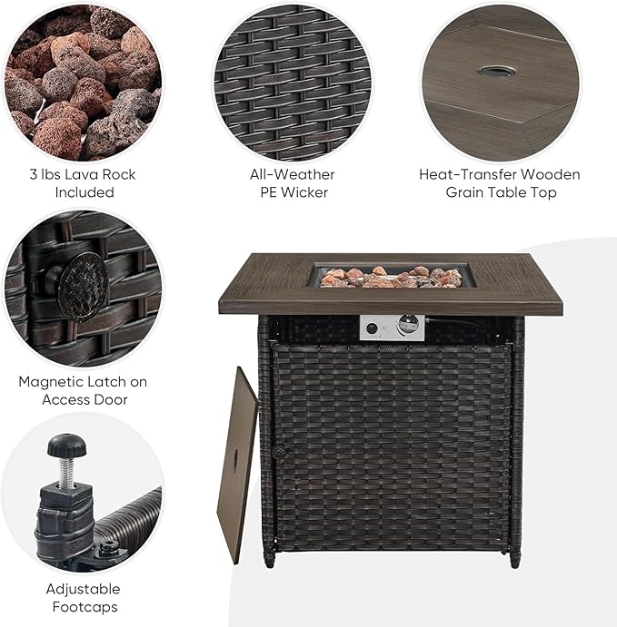 5 Pieces Patio Wicker Furniture Set - 4 Outdoor Swivel Rocker Glider Chairs with 50000BTU Propane Fire Pit Table, Warm Patio Conversation Set Red Cushion Perfect for Casual Gathering