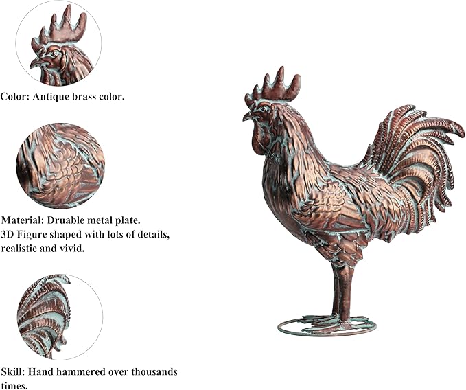 Garden Rooster Statues,15.7" L x 18.8" H Outdoor Metal Chicken Figurines,Antique Copper Chicken Sculptures & Statues Ornaments,3D Large Yard Rooster Decor for Home Kitchen Patio Farm