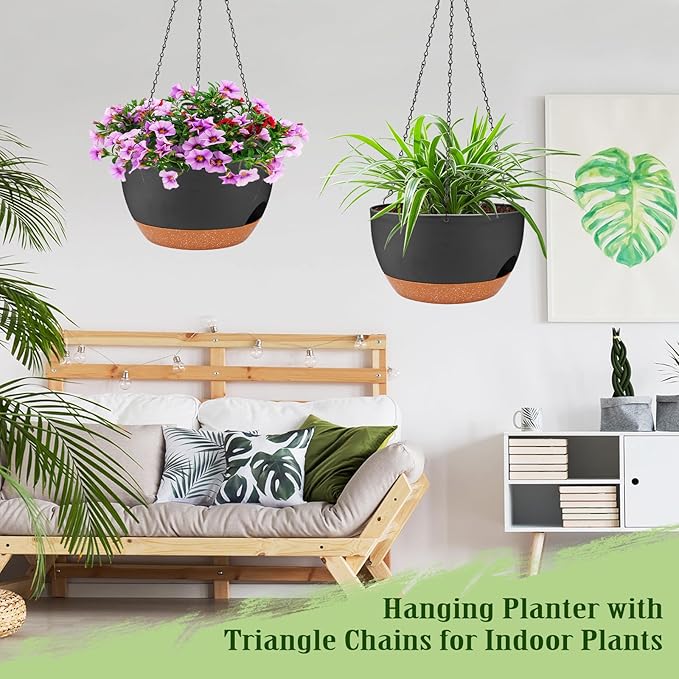 Hanging Planters for Outdoor Indoor Plants, 2 Pack 12 Inch Hanging Basket Plants Outdoor, Self Watering Hanging Planter with Plant Hanger for Garden Home Decoration (Black)