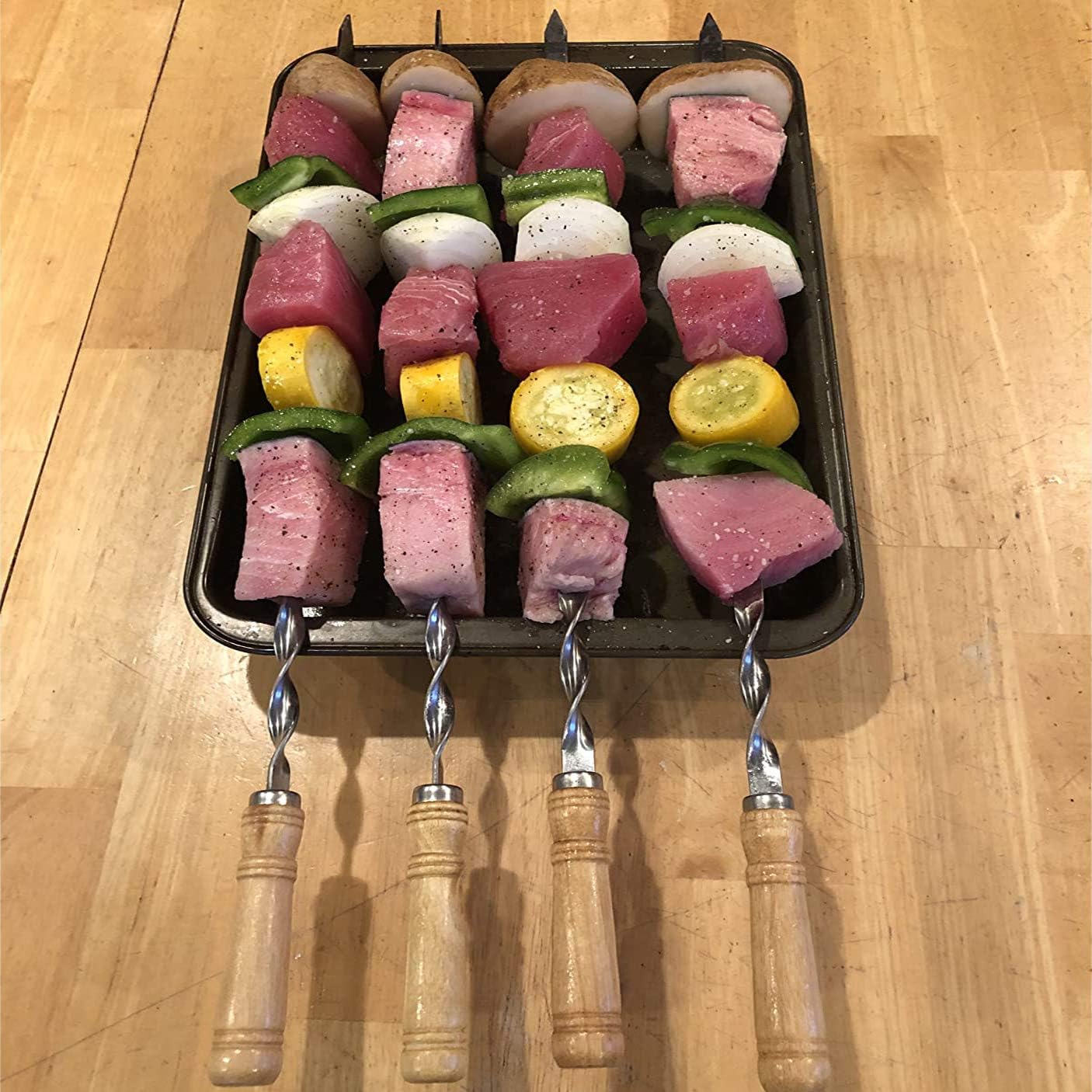 Antallcky 12 Pack Kebab Skewers 22 Inch BBQ Barbecue Skewers Stainless Steel Sticks Heavy Duty Large Wide Reusable with Nonslip Wooden Handle Ideal for Shish Kabob Chicken Shrimp and Vegetables