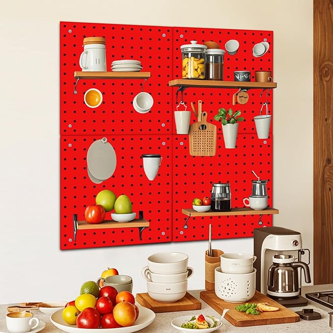 4 Pack Steel Peg Board,Universal 1/8 and 1/4 Pegboard Accessories,Ideal for Garage Tool Storage, Office Organization, Craft Room, Kitchen etc. (Red, 4-12X12)