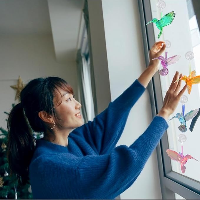 6 Pcs in 6 Colors Set Shiny Iridescent Hummingbird Hanging Ornaments with Suction Cup, Clear Acrylic Crystal Art Hummingbird Figurines Pendants Decorations for Christmas Xmas Tree.