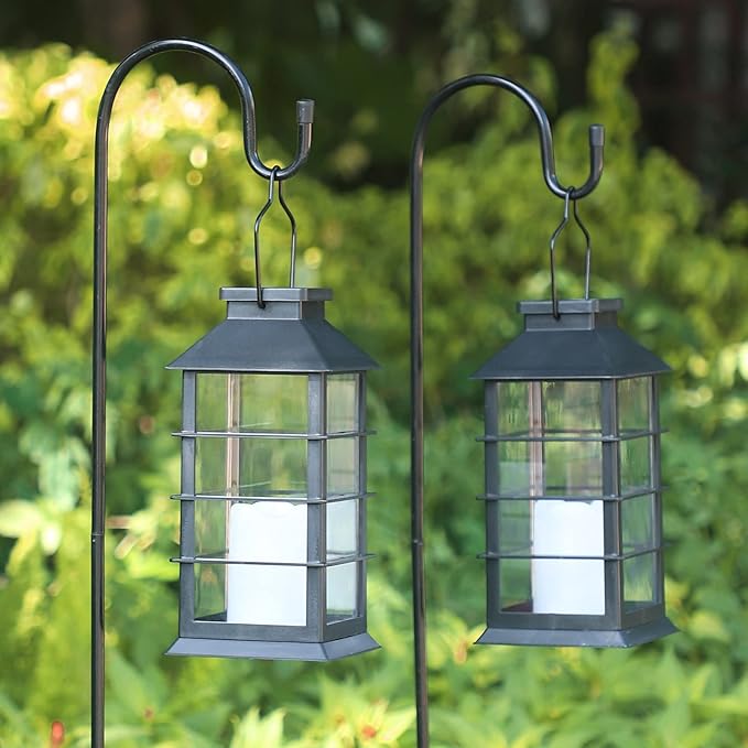 2 Pack Christmas Solar Lantern,Outdoor Garden Hanging Lantern-Waterproof LED Solar Lanterns Plastic Flickering Flameless Candle Mission Lights for Christmas Table, Outdoor, Party Decorative (Black)