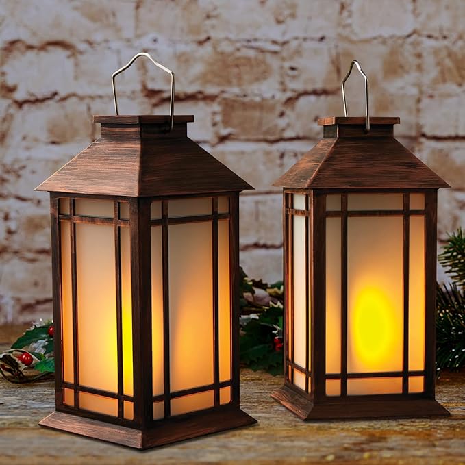 2-Pack 13" Vintage Candle Lantern with Led Flameless Candle (6hr Timer) - IP65 Waterproof Battery Powered - Outdoor Patio Hanging Lanterns Decorative Tabletop Lanterns