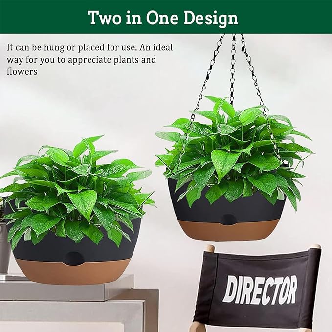 2 Pack Hanging Planters Set,10 Inch Indoor Outdoor Hanging Plant Pot Basket,Hanging Flower Pot with Drainage Hole with 3 Hooks for Garden Home… (Black Hanger Black Planters)