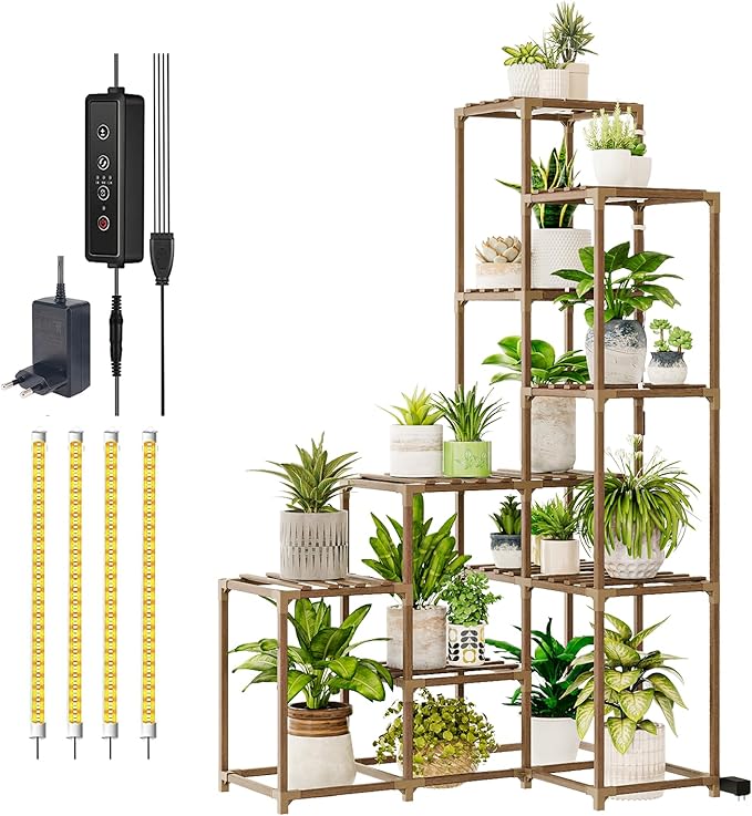 Bamworld Corner Plant Stand with Grow Lights Tall Plant Shelf Indoor Outdoor for Multiple Plants Wood Plant Table 7 Pots Flower Stands for Living Room Plant Rack