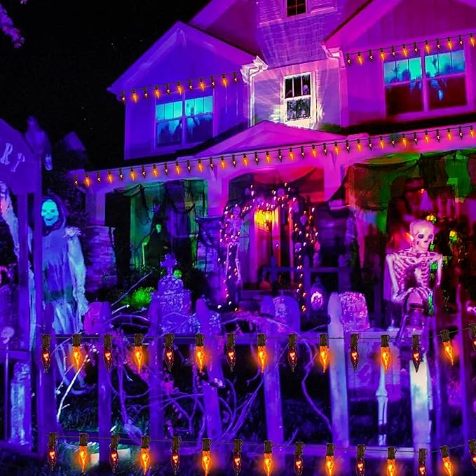 27.78 FT Halloween Ligths, C7 Clear Orange and Purple Flickering Flame String Lights Outdoor, E12 Screw Base, Flame String Lights for Halloween Indoor Outdoor Roofline Garden Patio Party Decorations