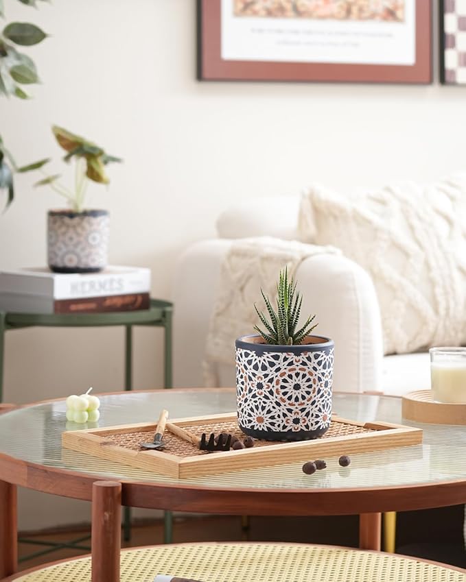 2 Pack Ceramic Flower Pots for Indoor Plants, 5 Inch Boho Plant Pot with Drainage Holes,Modern Planter for Decorative Succulents/Snake Plant/Orchid/Peace Lily/House Plants(Blue)