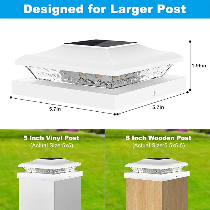 6 Pack Solar Post Cap Light Outdoor Fence Cap Lights 24 LEDs 2 Color Modes for Wooden/Vinyl Post, Waterproof Deck Patio Decoration Fits 5x5, 5.5x5.5 or 6x6 Wooden Posts (3000k/6000k)