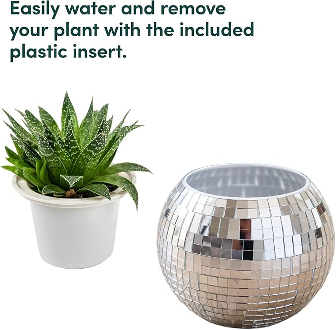 Hanging Disco Ball Planter 8" - with Acrylic Stand and Macrame Plant Hanger - Home Décor, Room Décor, Mirror Disco Planter, Disco Decor (6" with White Hanger, Flat Base)