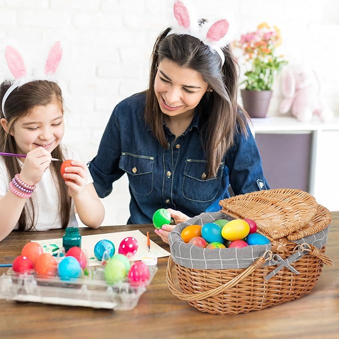 Happypicnic Wicker Picnic Basket with Handle, 15" Large Empty Picnic Basket with Lid & Removable Liner, Vintage Hand Woven Basket for Picnics, Camping, Veg Picking, Mother's Day, Thanksgiving (Check)