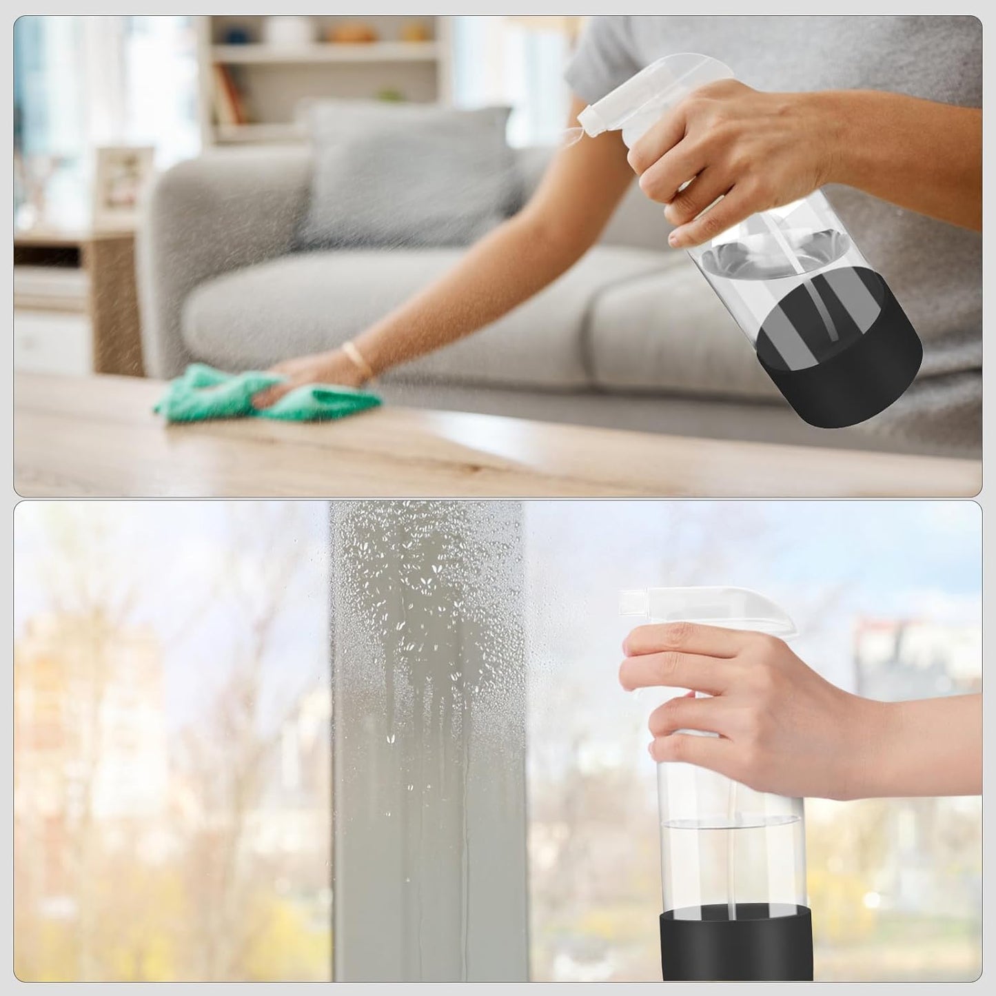 2 Pack Glass Spray Bottles with Silicone Sleeve, 16 oz Empty Refillable Containers with Adjustable Spray Nozzles, Spray Bottles for Hair, Cleaning Solutions and Plants Black