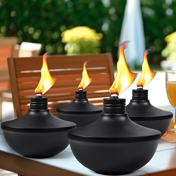4-Pack Upgraded Tabletop Torches, 24 oz Citronella Torch Lights, Refillable Torch with Wicks, Covers, and Funnel Included - Ideal for Garden, Patio, Deck, Yard, Party, Landscape