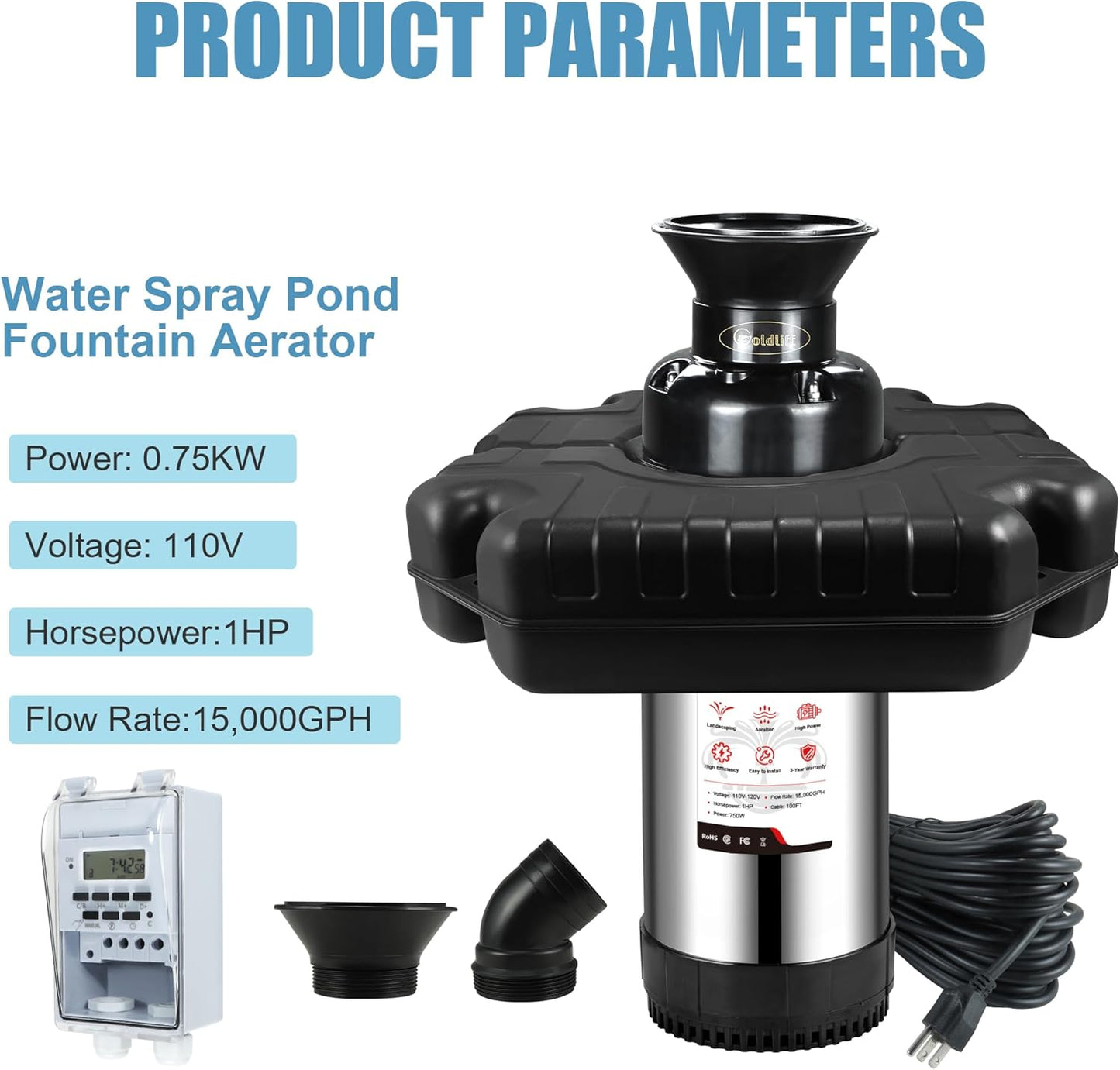 Goldlife Pond Fountain Aerator, F3 1HP 750W 110V Stainless Steel Floating Fountain With 100 FT Power Cord, Octagon Aerating Fountain Pump for Small Large Ponds Lake Pool Bay Fish farm (No Light)