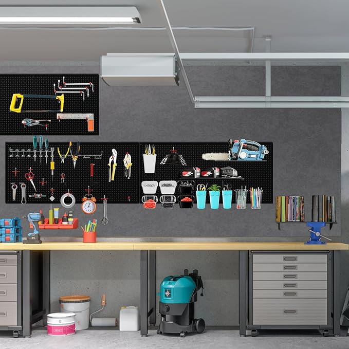 4 Pack Heavy Duty Steel Pegboard Garage Organization Panels,Universal 1/8 and 1/4 Pegboard Accessories,Suitable for Tool Storage,Garage Storage etc.(Black, 16X12)